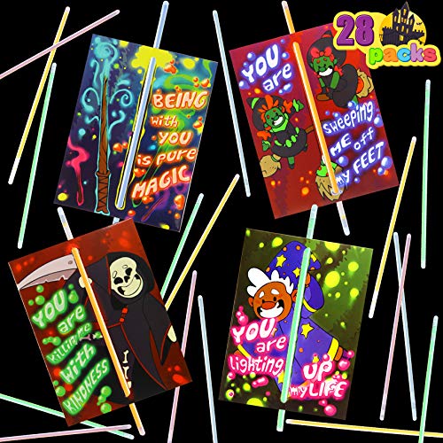 28 Halloween Craft Invitations Cards with Glow in the Dark Sticks for Kids Trick or Treat Party Gift Away, School Classroom Hangout Greeting.
