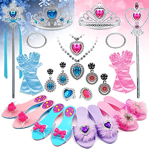 Princess Dress Up for Little Girls Shoes - 4 Pairs of Play Elegant Shoes and Pretend Jewelry Boutique Toys, Role Play Fashion Accessories of Crowns,Little Girls Gift Toys for Age2 3 4 5Year Old
