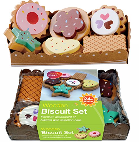 BeeSmart  Wooden Toy Cookies Pretend Play Food with Selection Card and Sturdy Cardboard Serving Tray