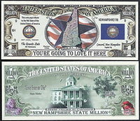 New Hampshire State Educational Million Dollar Bill W Map, Seal, Flag, Capitol - Lot of 100 Bills