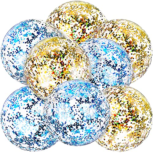 Skylety 8 Pieces Inflatable Clear Glitter Beach Balls Confetti Beach Balls Transparent Swimming Pool Party Ball for Summer Beach, Pool and Party Favor (Blue, Gold)