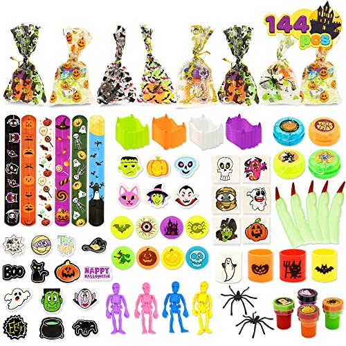 JOYIN 144 PCS Halloween Party Favors Set, 48 Pack Prefilled Goody Bags with 3 Random Toys: Vampire Teeth, Witch Finger, Spiders Stamps, Stickers, Slap Bracelets for Trick or Treat Gift Exchange Game P