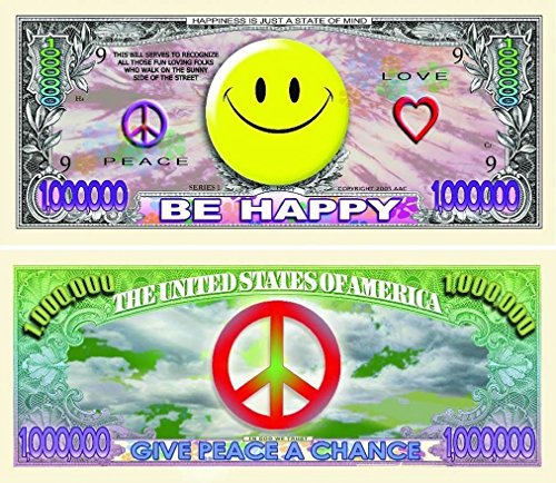 5 Be Happy (Smiley Face) Million Dollar Bills with Bonus Thanks a Million Gift Card Set