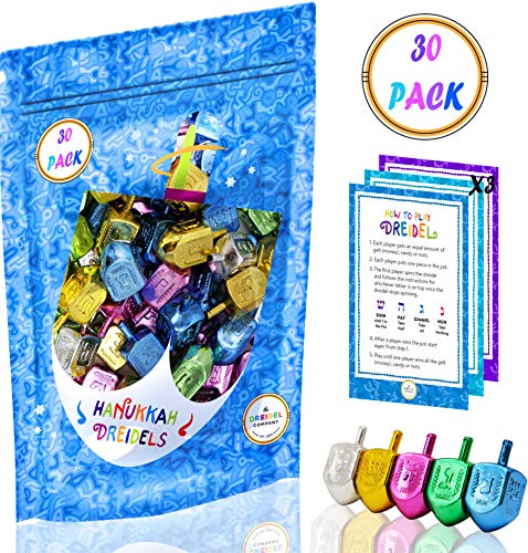 Hanukkah Dreidels Metallic Multi-Colored Draydels with English Translation - Includes 3 Dreidel Game Instruction Cards (30-Pack)
