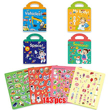 Load image into Gallery viewer, Educational Learning Toys Play Set Gift for Boys Girls, Reusable Reward Sheet Activity Stickers Book Quiet Book, 4 Sheet Waterproof Static Stickers Book Pack[My Body+Space+Vehicles+Seasons]

