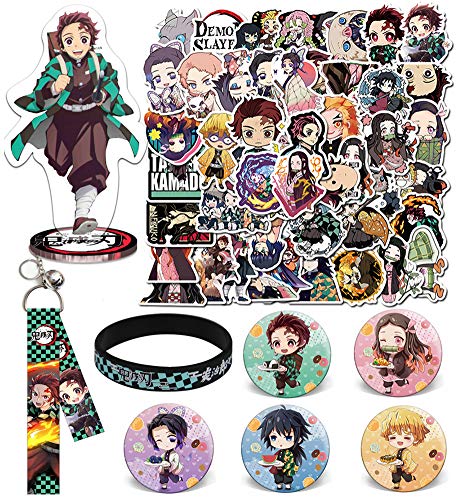Kimetsu no Yaiba Gift Set 50 Non-Repetition Stickers, 1 Acrylic Animation Standing Sign, 5 Button Pins, 1Keychain, 1 Bracelets for Anime Fans