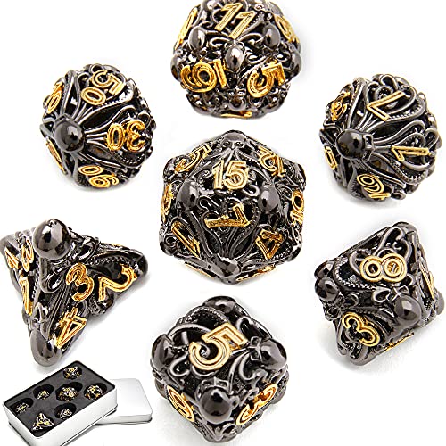 Polyhedral Metal Dice Set DND Black Hollow for Dungeon and Dragon Dice Games Role-Play RPG Pioneer Game DND Dice Set 7pcs-with Metal Case