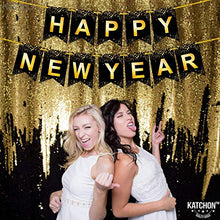 Load image into Gallery viewer, Happy New Year Banner with Black Foil Fringe - Pack of 2, Xtra Large | Large, Happy New Year Sign for New Years Eve Party Supplies 2023 | New Years Eve Backdrop Happy New Year Decorations 2023
