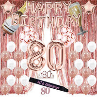 Rose Gold 80th Birthday Decorations for Women, 80 Birthday Party Supplies Include Foil Fringe Curtains, Happy Birthday Balloons,Birthday Tiara & sash, Cake Topper