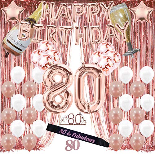 Rose Gold 80th Birthday Decorations for Women, 80 Birthday Party Supplies Include Foil Fringe Curtains, Happy Birthday Balloons,Birthday Tiara & sash, Cake Topper