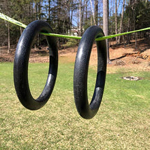 Load image into Gallery viewer, AP Plus Ninja Warrior Rings - Set of 2 Large Black Traverse Gymnastics Climbing, with use on Obstacle Courses and Slack Lines, Outdoor Playground Equipment Accessories, Training
