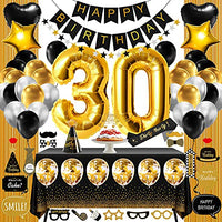 30th Birthday Decorations for Women Or Men Black & Gold, 30 Birthday Party Supplies Gifts for Her Him Dirty Thirty Including Happy Birthday Banner, Fringe Curtain, Tablecloth, Photo Props, Sash