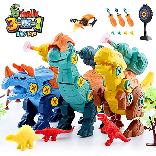 Funlio ?3-in-1? Dinosaur Toy Sets for Kids 3 Years&Up, 3 Take Apart Dinosaurs with Drills for DIY Building Fun, 16 Dino Figures with Stones&Trees for Role Playing Fun, Darts&Target for Shooting Fun