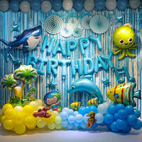 GoGoGoodie Ocean Theme Birthday Party Decorations Shark Birthday Decorations for Boys - Under the Sea Party Include Sea Animal Balloons birthday Banner Navy Blue Hanging Paper Fans Latex Balloons