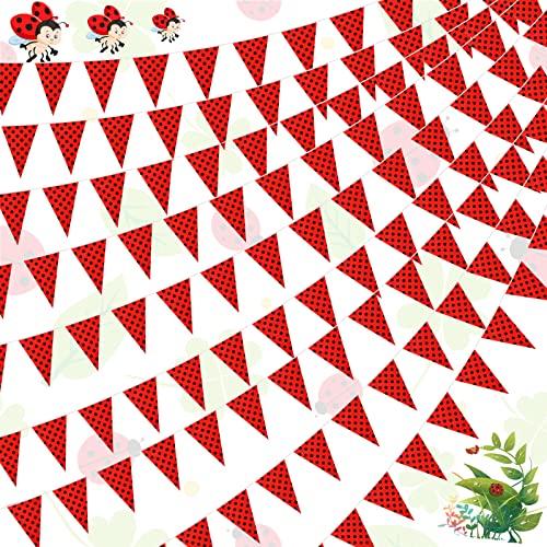 20M/65Ft Red Black Polka Dot Banner Ladybug Birthday Party Decorations Triangle Flag Fabric Pennant Garland Bunting for Ladybug Theme Wedding Birthday Party Christmas Baby Shower Decor