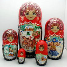 Load image into Gallery viewer, Russian Winter Horse Troika Nesting Set Wood Hand Painted Doll 7&quot; Tall
