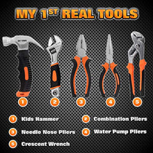 Load image into Gallery viewer, JoyTown Kids Real Tool Set - Junior Steel Forged Tool Kit for Children with Real Hand Tools, Kids Tool Belt, Portable Tool Bag, Perfect Learning Tools for Home DIY (Orange &amp; Black)
