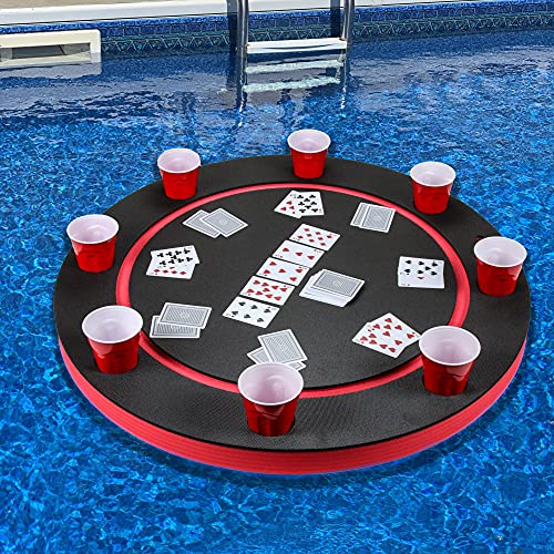 Polar Whale Floating Red and Black Game or Card Table Tray for Pool or Beach Party Float Lounge Durable Foam Large 36 Inch Round Drink Holders with Waterproof Playing Cards Deck UV Resistant