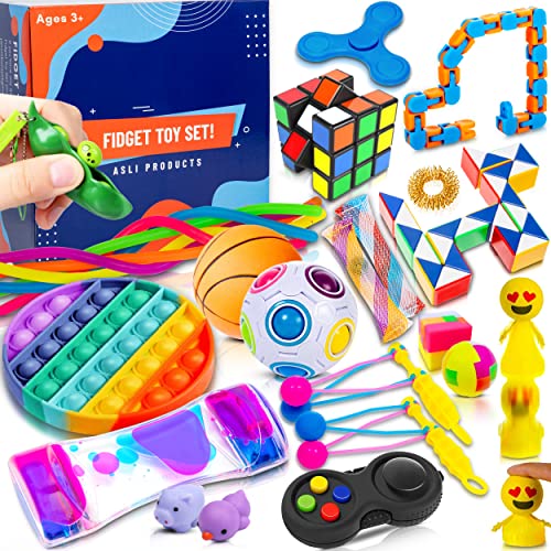 Sensory Fidget Toy Set, Premium 26 Pack, Stress Relief and Anti Anxiety Fidget Box for Kids and Adults, Marble Mesh, Stretchy Strings, Fidget Pad, Rainbow Pop It, Squeeze Bean, Liquid Motion Timer
