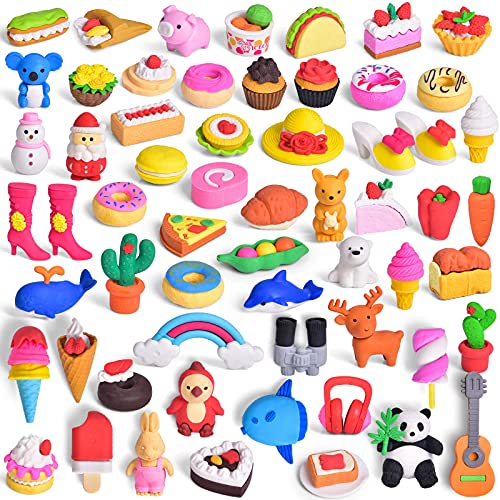 FUN LITTLE TOYS 60 PCs Pencil Erasers Cute 3D Puzzle Erasers Gifts for Kids, Classroom School Prize Treasure Box Goodie Bags Pinata Stuffers Novelty Toys, Animal Food Erasers Party Favors Carnivals