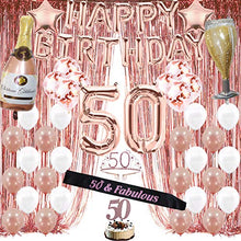 Load image into Gallery viewer, Rose Gold 50th Birthday Decorations for Women, 50 Birthday Party Supplies include Foil Fringe Curtains, Happy Birthday Balloons,Birthday Tiara &amp; sash, Cake Topper
