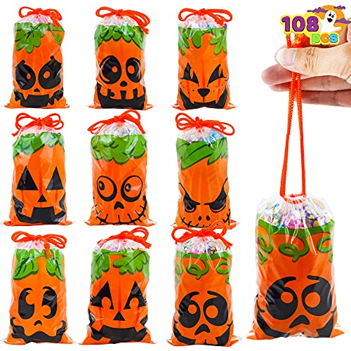 JOYIN 108 Pcs Halloween Treat Bag with Drawstrings, Small Orange Candy Bags in 9 Pumpkin Face Designs, Halloween Trick-or-Treat Goodie Gift Bags for Halloween Party Favors Supplies