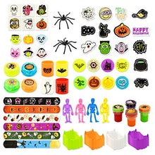 Load image into Gallery viewer, JOYIN 144 PCS Halloween Party Favors Set, 48 Pack Prefilled Goody Bags with 3 Random Toys: Vampire Teeth, Witch Finger, Spiders Stamps, Stickers, Slap Bracelets for Trick or Treat Gift Exchange Game P
