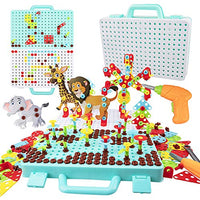 WISESTAR Electric Drill Puzzle Toy for Kids, 471PCS Screw STEM Drill Toy with Flower and Animal Parts , Engineering Construction Block Building Set for Kid Age 4 5 6 7 8