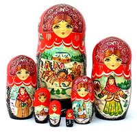 Russian Troika Horses Winter Village in Nesting Dolls Russian Hand Carved Hand Painted 7 Piece Set