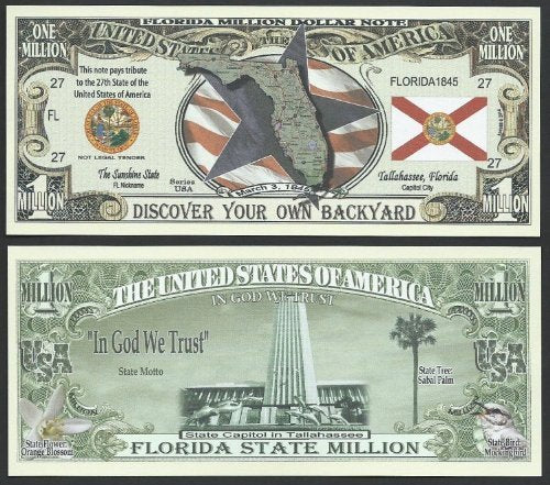 Florida State Educational Million Dollar Bill W Map, Seal, Flag, Capitol - Lot of 100 Bills