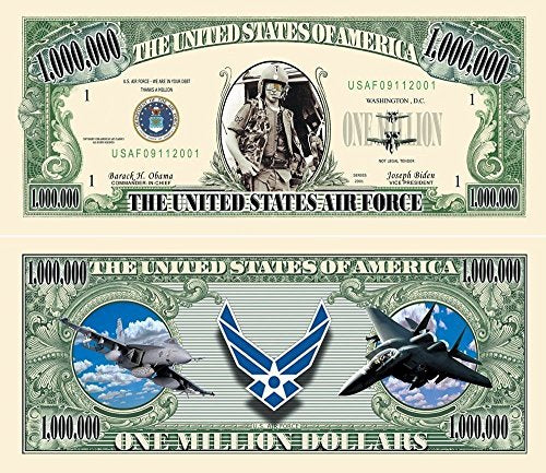 100 US Air Force Commemorative Million Dollar Bills with Bonus Thanks a Million Gift Card Set