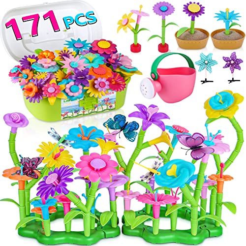 Flower Garden Building Toys, 171 Pcs Build A Garden Toy Set with Storage Box for Girls Kids Age 3 4 5 6 7 Year Old Toddlers Boys, Educational Stem Toy Pretend Gardening Gifts for Birthday Christmas