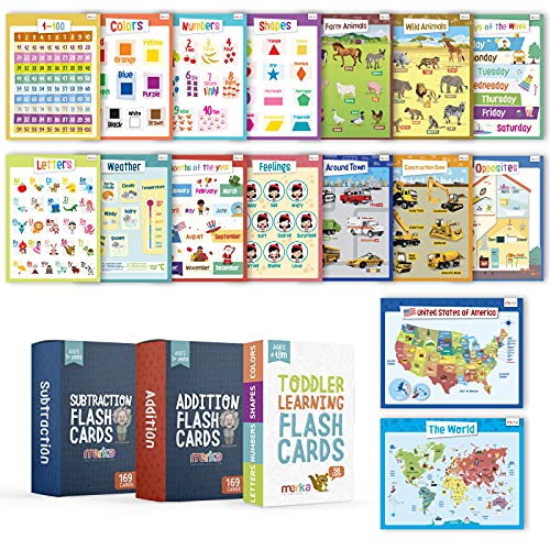 merka Educational Bundle: Early Learning Flashcards (58 Cards), Kindergarten Wall Posters (16 Posters), Addition Flashcards (169 Cards) and Subtraction Flashcards (169 Cards)  for Kids Aged 1 to 8