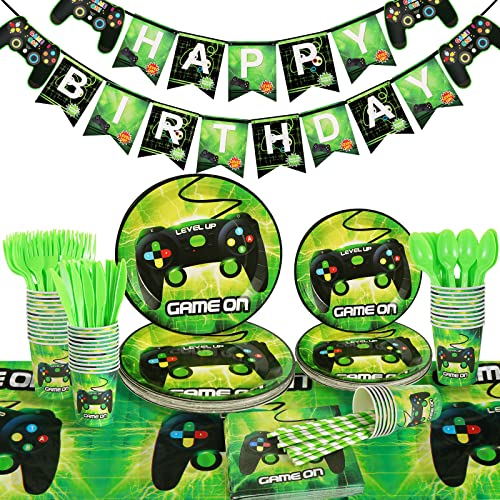 Homyplaza Video Game Party Supplies for 25 Guests, 203Pcs Birthday Plates and Napkin Set for Boys Gamer, Includes Party Plates, Gamer Table Cloth, Birthday Banner, Flatware, Cups, Straws, Napkins