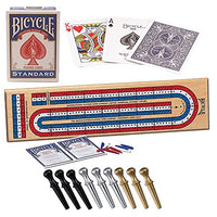 Bicycle Cribbage Board | 3-Track Color Coded Real Pine Wood Cribbage Game with Deck of Bicycle Cards and Premium Metal Cribbage Pegs