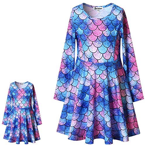 Jxstar Blue Mermaid Twril Dresses Matching Doll&Girls Long Sleeve Birthday Gifts 4t 5t