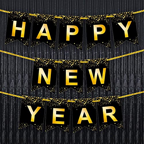 Happy New Year Banner with Black Foil Fringe - Pack of 2, Xtra Large | Large, Happy New Year Sign for New Years Eve Party Supplies 2023 | New Years Eve Backdrop Happy New Year Decorations 2023