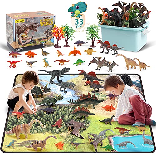DigHealth 33 Pcs Dinosaur Toy Playset with Activity Play Mat, Realistic Dinosaur Figures, Trees, Rockery to Create a Dino World Including T-Rex, Triceratops, Pterosauria for Kids, Boys & Girls
