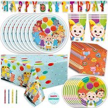 Load image into Gallery viewer, Cocomelon Party Supplies Set | Cocomelon Birthday Party Supplies and Decorations | Serves 16 Guests | With Banner, Table Cover, Plates, Napkins, Cups and Sticker
