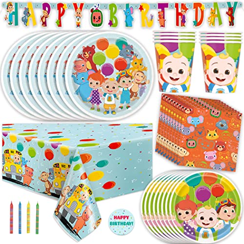 Cocomelon Party Supplies Set | Cocomelon Birthday Party Supplies and Decorations | Serves 16 Guests | With Banner, Table Cover, Plates, Napkins, Cups and Sticker