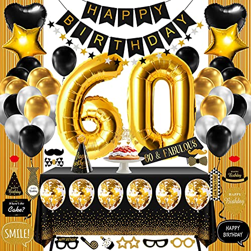 60th Birthday Decorations for Men Women Black & Gold, 60 Birthday Party Supplies Kit Gifts for Her Him Including Happy Birthday Banner, Fringe Curtain, Tablecloth, Photo Props, Foil Balloons, Sash