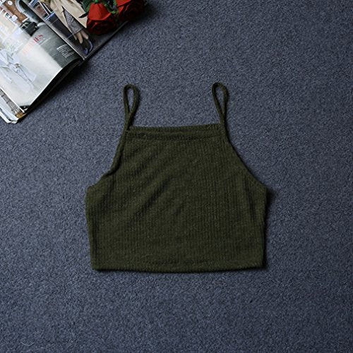 GUAngqi Women's Sleeveless Halter Vest Slim Short Crop Tops Ribbed Knit Belly Camisole,GreenS