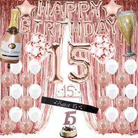 Rose Gold 15th Birthday Decorations for Girls, Quinceanera Decorations, Sweet 15 Birthday Party Supplies for Her include Foil Fringe Curtains,Happy Birthday Balloons,Birthday Tiara & sash, Cake Topper