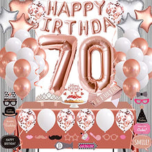 Load image into Gallery viewer, Rose Gold 70th Birthday Decorations for Women, 70 Birthday Party Supplies for Her including Happy Birthday Balloons, Fringe Curtain, Tablecloth, Photo Props, Foil Balloons, Sash and Tiara
