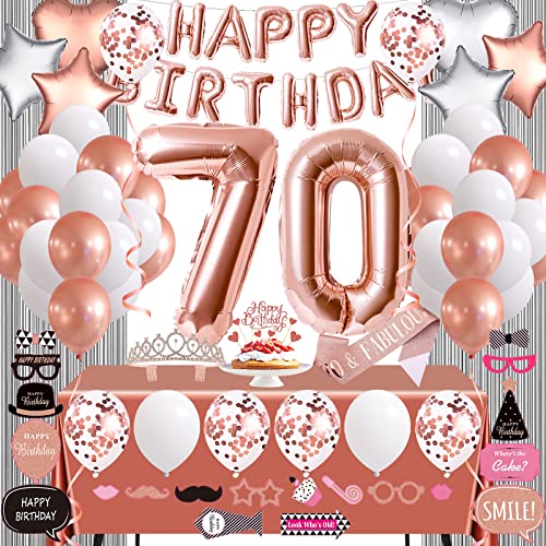 Rose Gold 70th Birthday Decorations for Women, 70 Birthday Party Supplies for Her including Happy Birthday Balloons, Fringe Curtain, Tablecloth, Photo Props, Foil Balloons, Sash and Tiara