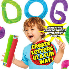 Load image into Gallery viewer, JA-RU Pull Pop Tubes Sensory Fidget Toys (4 Tubes Assorted) Pop Play Tubes Sensory Toys Pipe Tools for Stress Toys and Anxiety Relief Toy for Kids &amp; Adults Party Favor Plus 1 Sticker. 4774-4s
