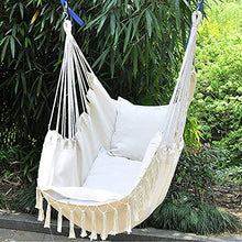 Load image into Gallery viewer, JTYX Hammock Swing Chair Hanging Rope Hanging Chair with 2 Cushions Tassel Swing Seat with Pocket for Indoor, Outdoor, Garden, Balcony Swing Maximum Load 150kg
