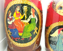 Load image into Gallery viewer, Tsar Saltan Fairy Tale by Pushkin Russian Nesting Doll Hand Carved Hand Painted 5 Piece Set 7&quot; Tall
