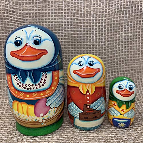 Exclusive Russian Nesting Dolls Goose Hostess  3 Pieces Author's Hand-Painted Set of 3 Handmade Toys Gift Doll House Decor Matryoshka 3 Dolls in 1