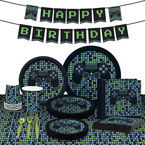 MY GRECA Video Game Party Supplies - 16 Guests - Gamer Boy Birthday Party Decorations - Plates, Cups, Napkins, Happy Birthday Banner, Table Cover, Utensil Sets - Controller Gaming Themed Party